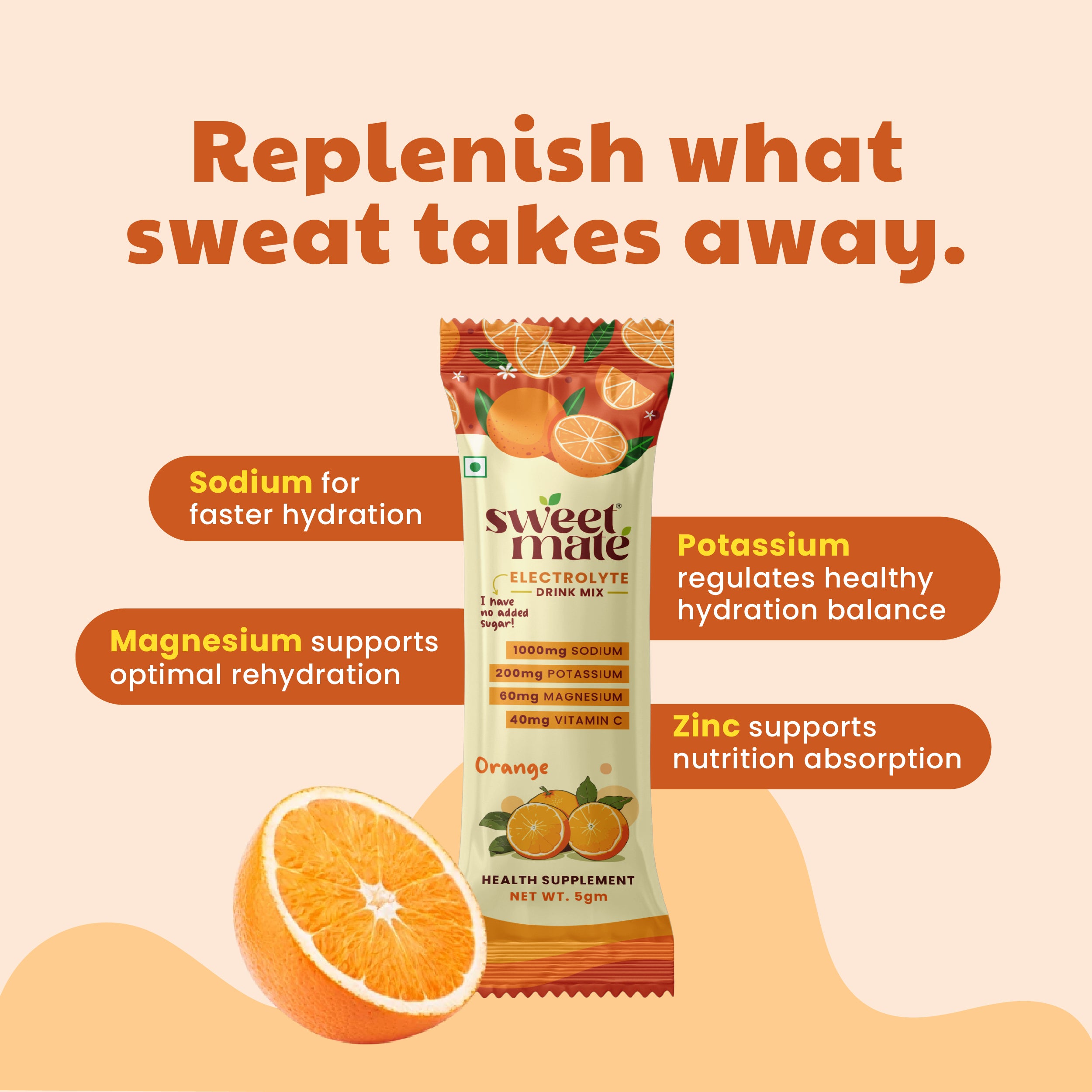Sweetmate Electrolyte Drink Mix- Orange Flavour (Pack of 20)