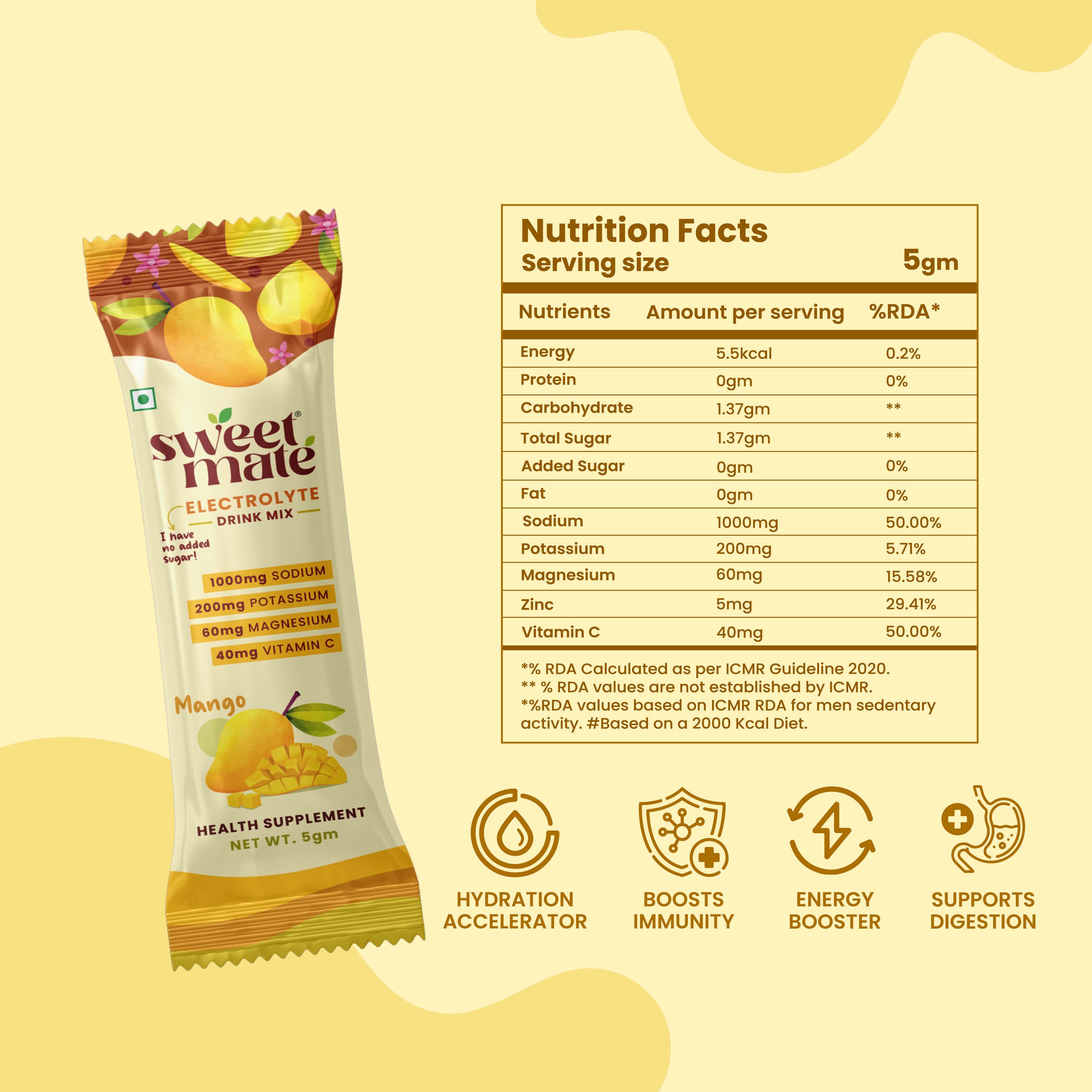 Sweetmate Electrolyte Drink Mix- Mango Flavour (Pack of 20)