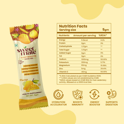 Sweetmate Electrolyte Drink Mix- Mango Flavour (Pack of 20)