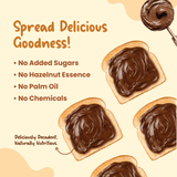 Chocolate spread on toast with text highlighting benefits on a beige background