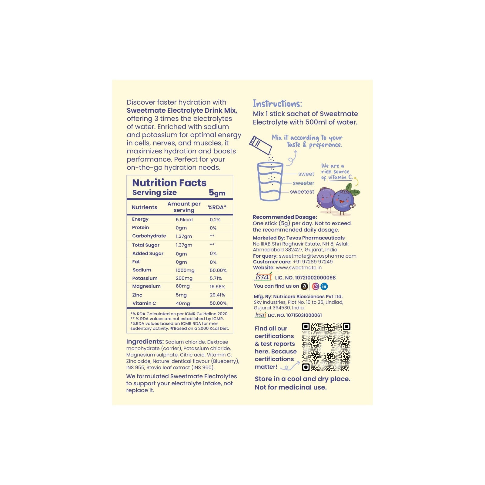 Sweetmate Electrolyte Drink Mix- Blueberry Flavor (Pack of 10)