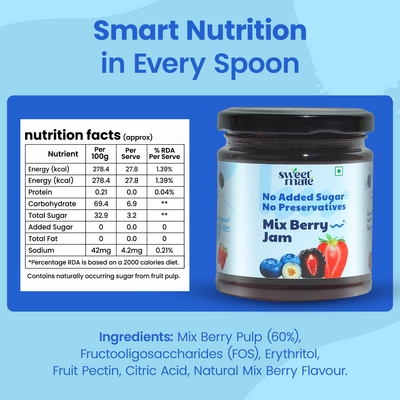 Sweetmate 100% Natural No Added Sugar Mix Berry Jam - 220g