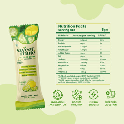 Sweetmate Electrolyte Drink Mix- Lemon Lime Flavour (Pack of 20)