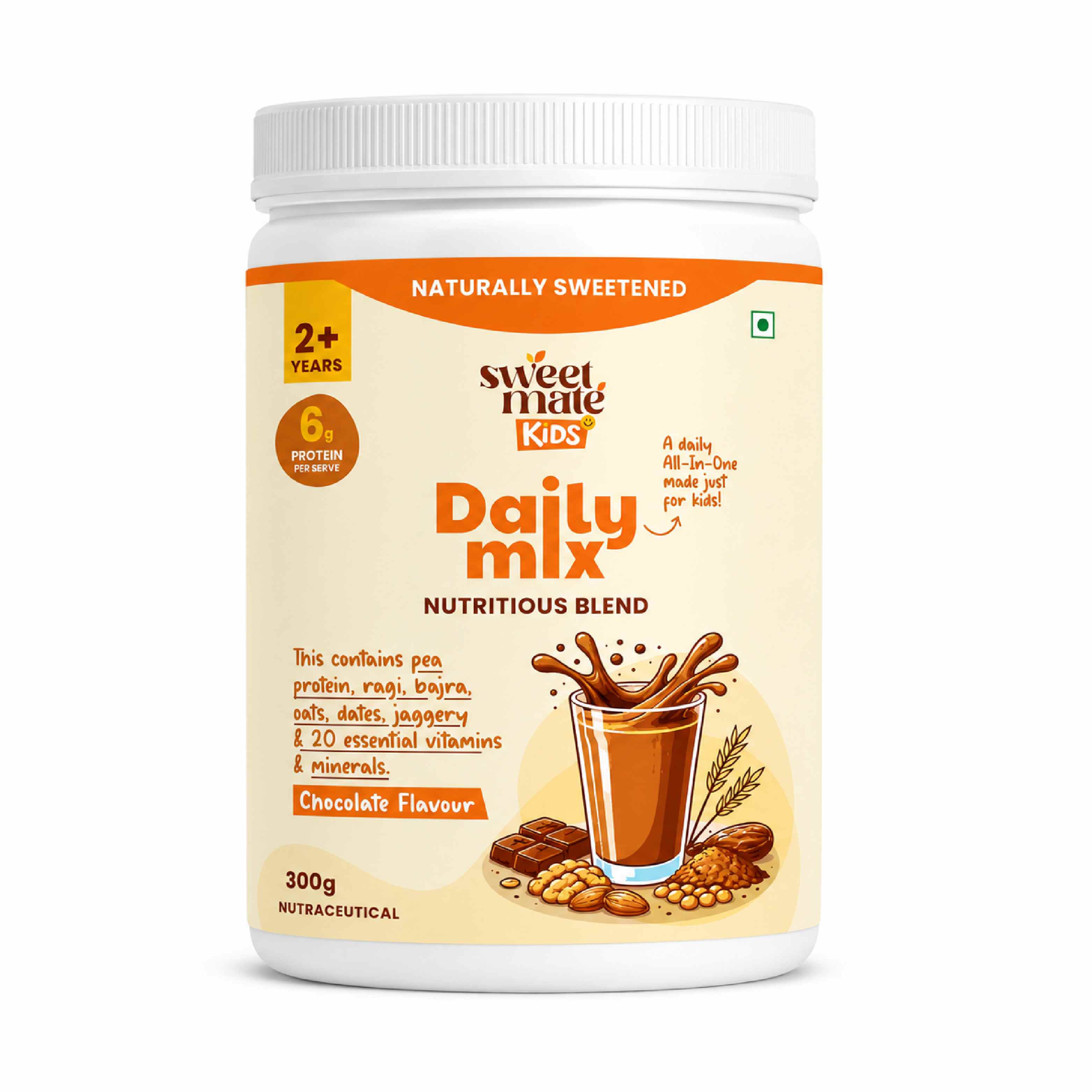 Sweetmate Kids Daily Mix Nutrition Drink Powder - 300g | Chocolate | Supports Growth, Energy, Brain & Immunity with DHA, Millets & Vitamins, 6g Protein/Serving, Naturally Sweetened for 2-6 Years