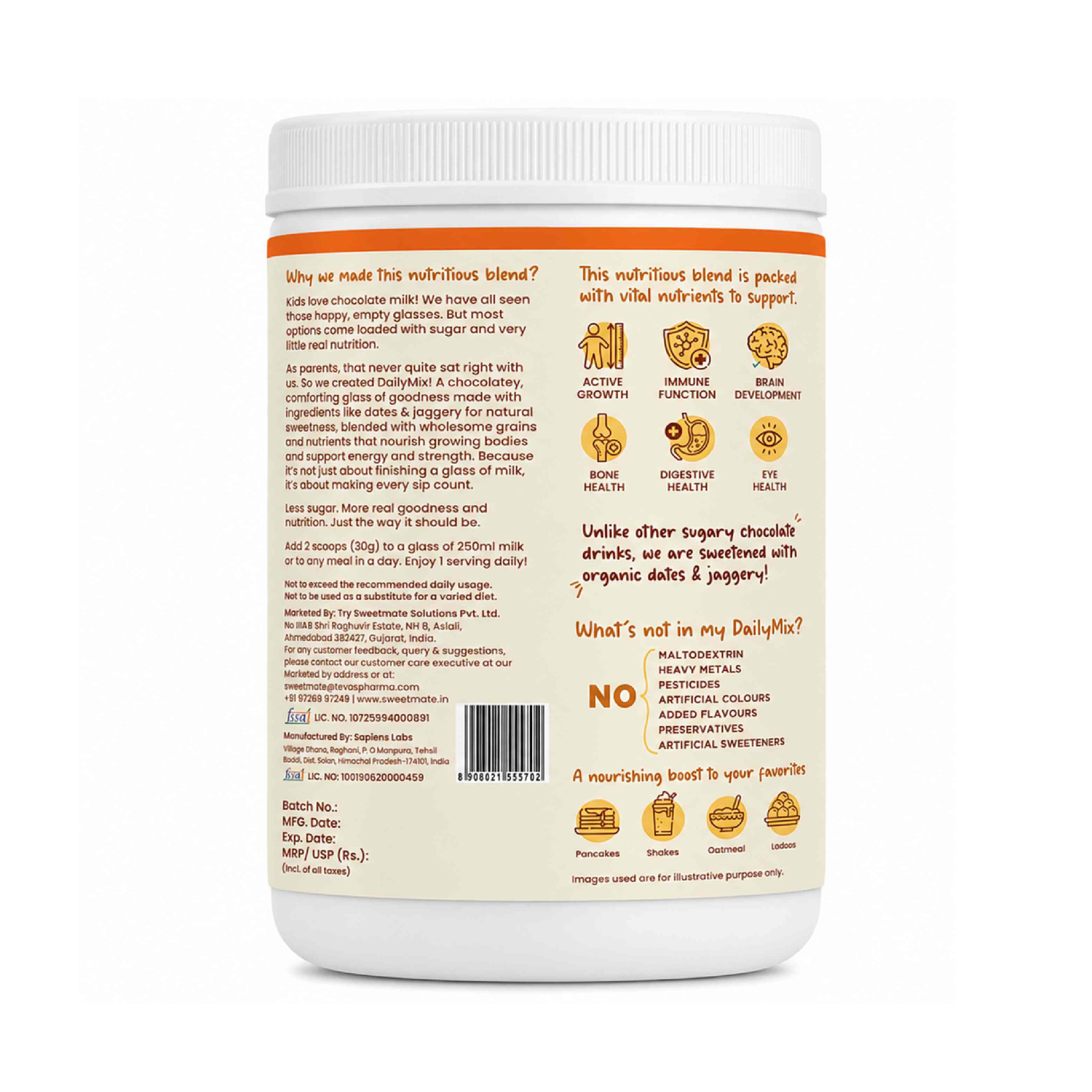 Sweetmate Kids Daily Mix Nutrition Drink Powder - 300g | Chocolate | Supports Growth, Energy, Brain & Immunity with DHA, Millets & Vitamins, 6g Protein/Serving, Naturally Sweetened for 2-6 Years