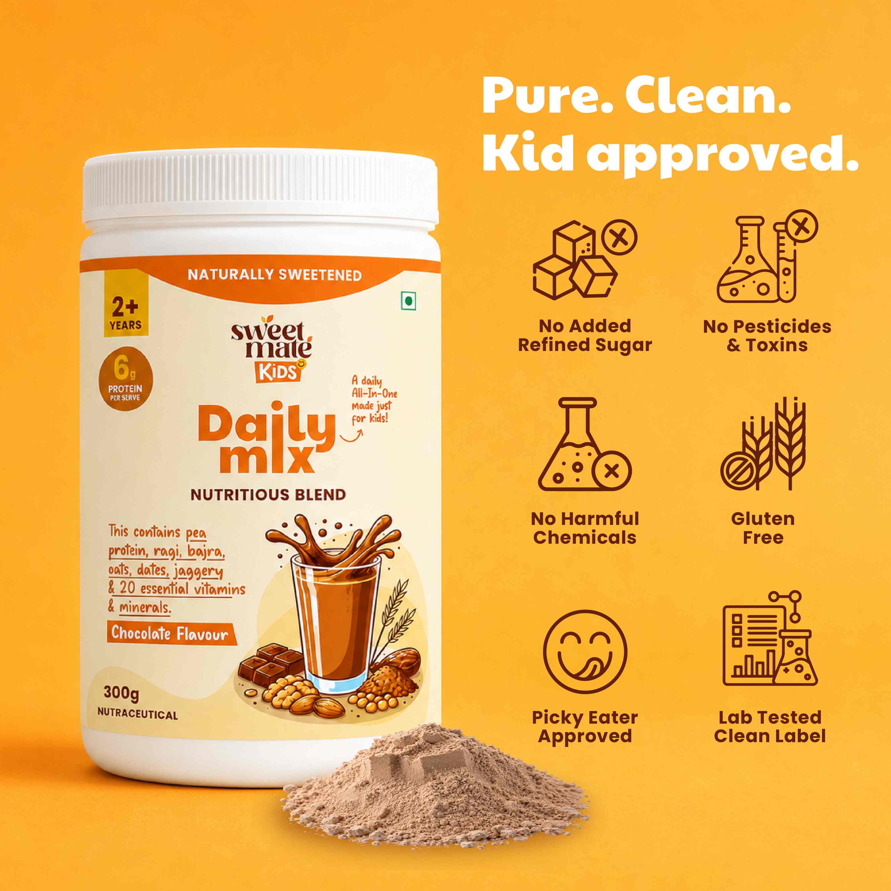 Sweetmate Kids Daily Mix Nutrition Drink Powder - 300g | Chocolate | Supports Growth, Energy, Brain & Immunity with DHA, Millets & Vitamins, 6g Protein/Serving, Naturally Sweetened for 2-6 Years