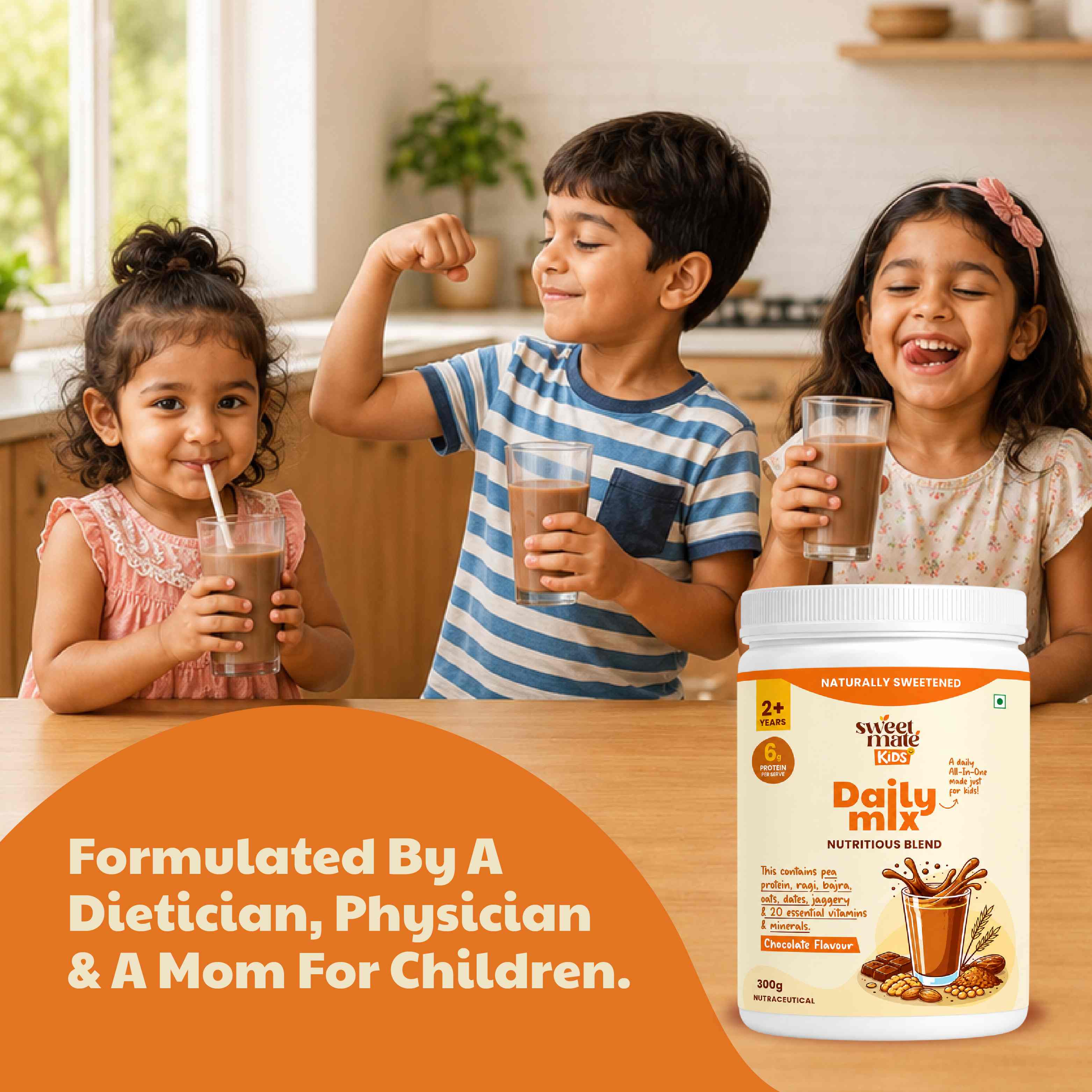 Sweetmate Kids Daily Mix Nutrition Drink Powder - 300g | Chocolate | Supports Growth, Energy, Brain & Immunity with DHA, Millets & Vitamins, 6g Protein/Serving, Naturally Sweetened for 2-6 Years