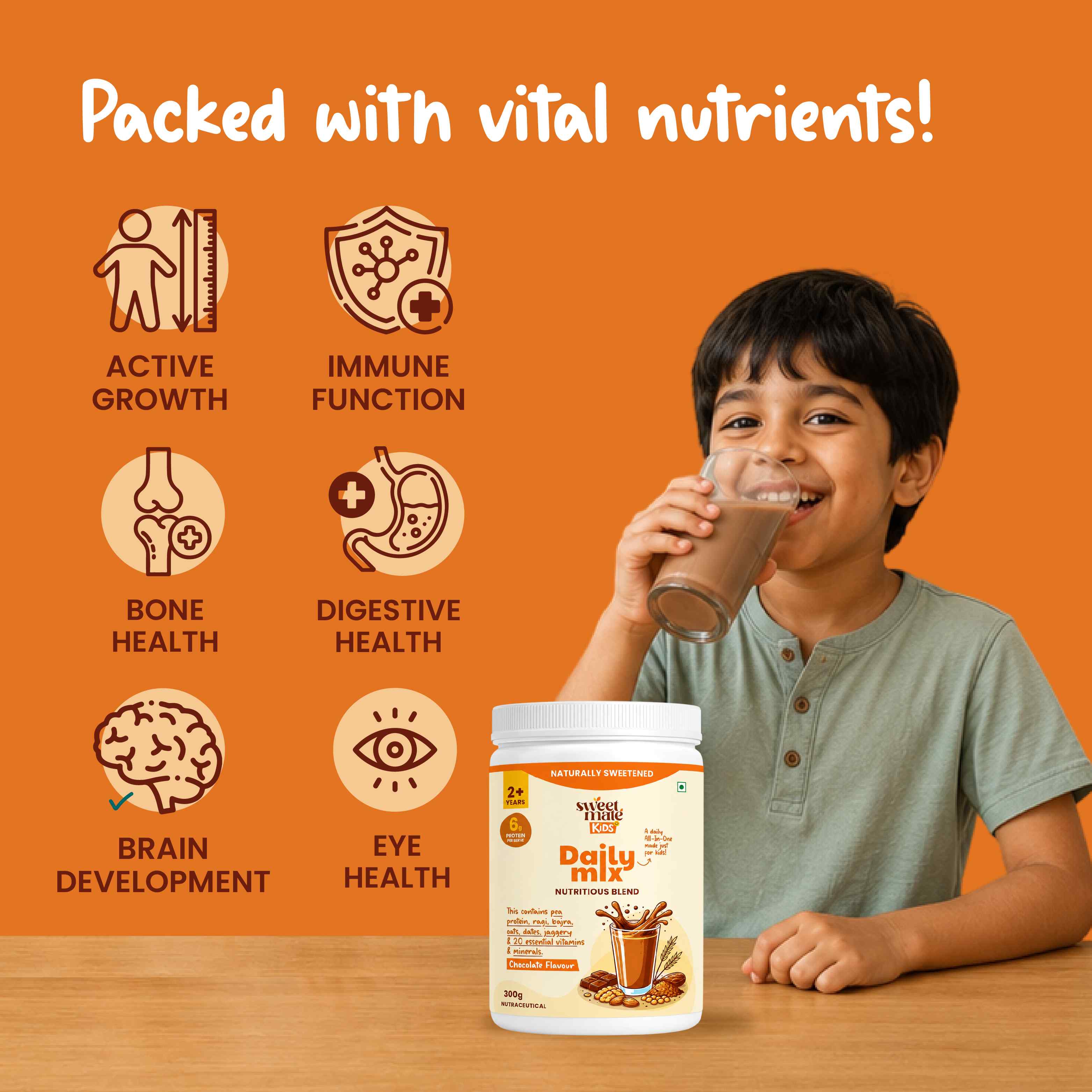 Sweetmate Kids Daily Mix Nutrition Drink Powder - 300g | Chocolate | Supports Growth, Energy, Brain & Immunity with DHA, Millets & Vitamins, 6g Protein/Serving, Naturally Sweetened for 2-6 Years